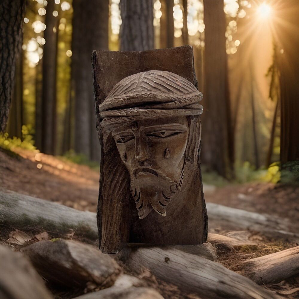 Vintage 100% HAND CUT from NATURAL LOG wooden BUST of JESUS CHRIST with TEARS